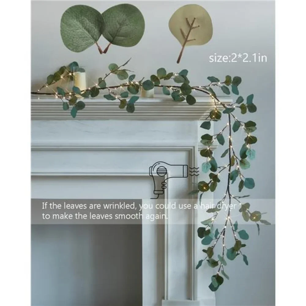 Lighted Twig Eucalyptus Garland 6FT 96 Warm White LED Battery Operated
